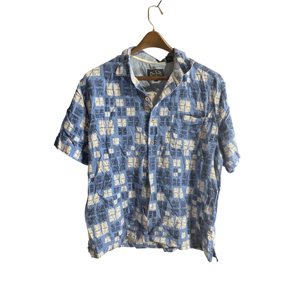 Nat Nast Mens XL Button Up‎ Short Sleeve Shirt Blue White Geometric Print